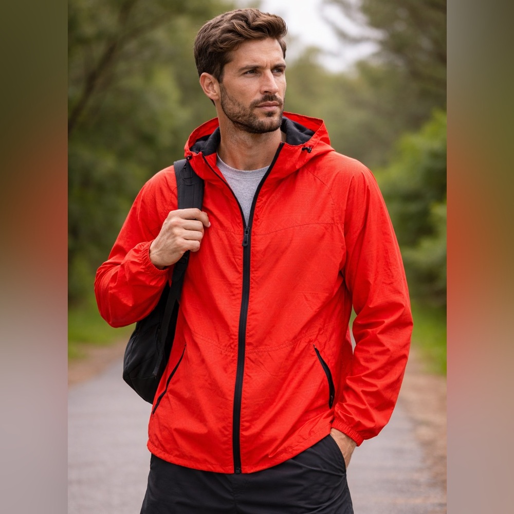 FieldCore Red Orange Hooded Windbreaker Lightweight Athletic Running Hiking Mens